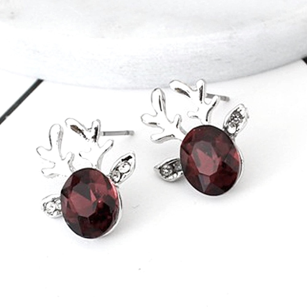 Reindeer Burgundy Crystal Holiday Earrings Silver - Picture 2 of 3